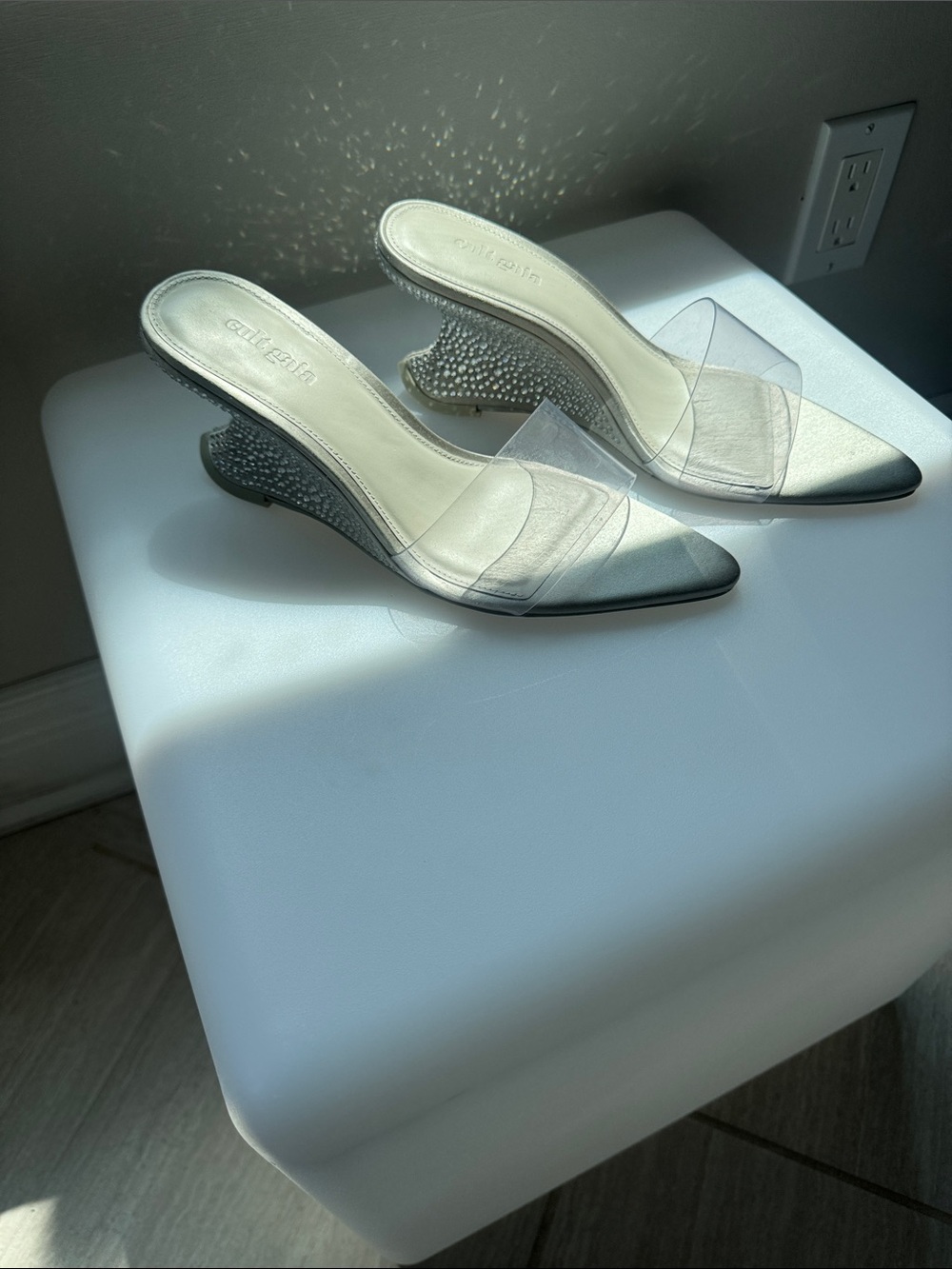 cult gaia Silver Pointed Clear Strap Mule Heels